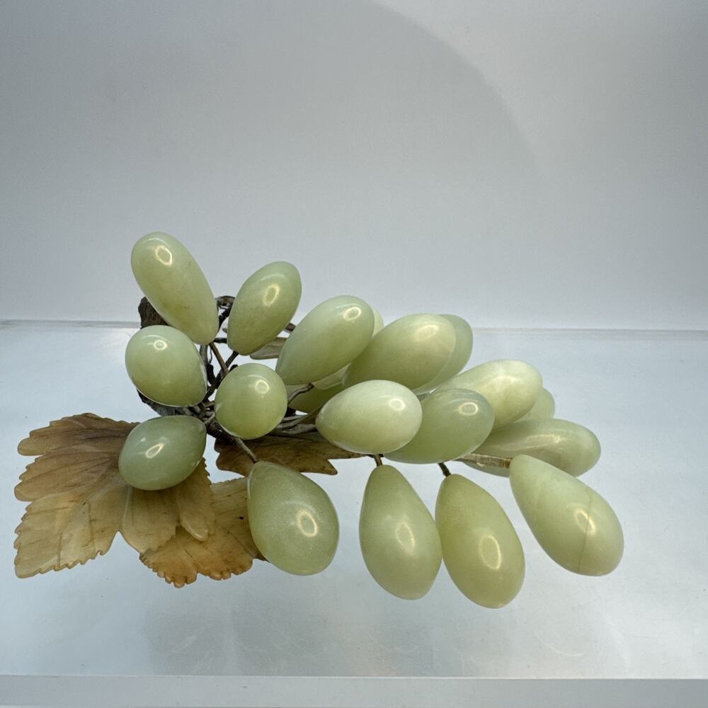 Chinese Serpentine Jade Grape Cluster Carved Leaves Silk-Wrapped 7" 1960s VTG
